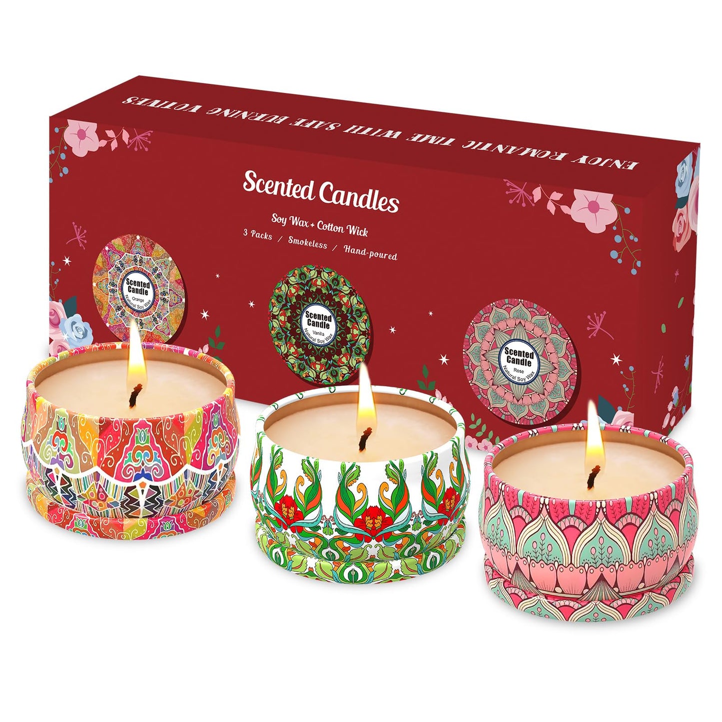 Scented Candles Gift Set,3 Pack Candles for Home Scented, Long Lasting Soy Wax Aromatherapy Candle Set, Gifts for Women with Gift Box(Rose.Vanilla.Orange)