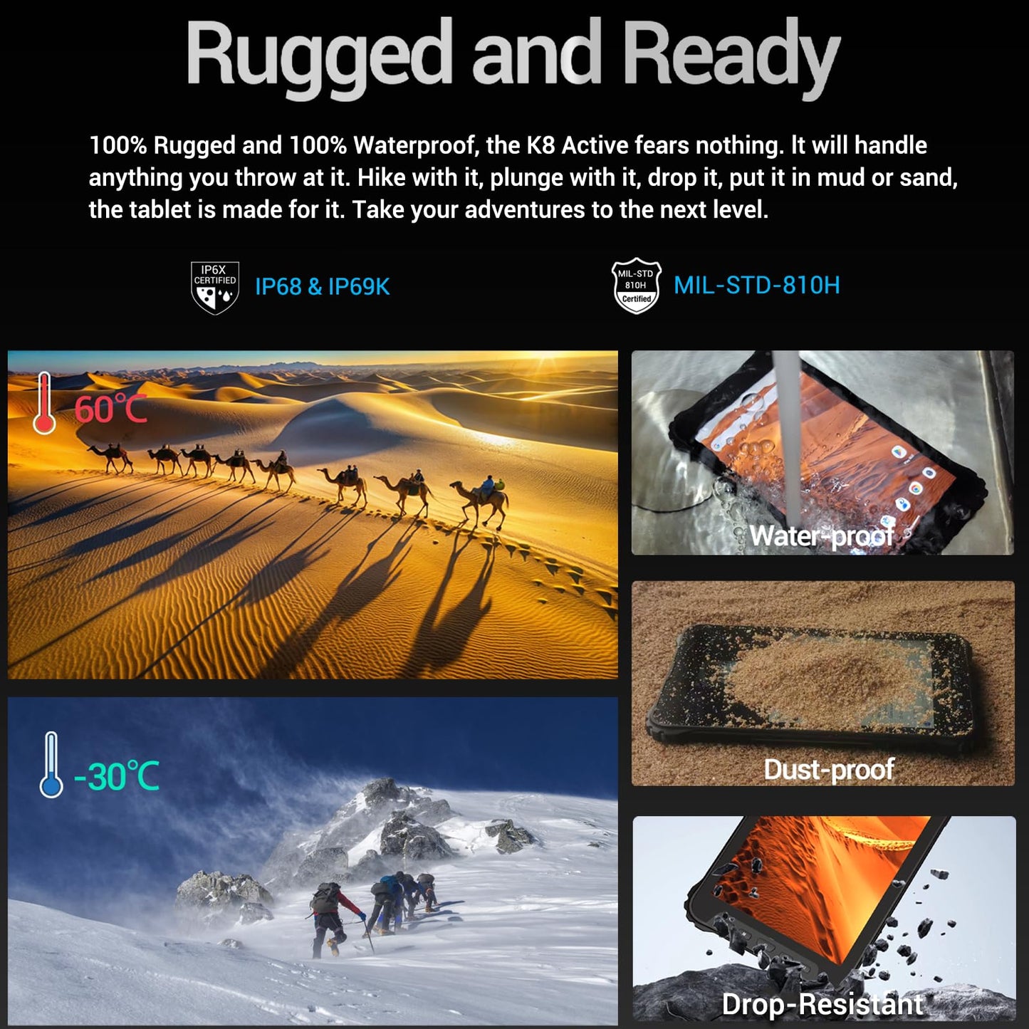 AOZORA K8 Active Rugged Tablet, 8 Inch FHD+ 600nits Glove Touch AT&T Verizon Network certified PTCRB T-Mobile Unlocked Qualcomm 8Core 12+128GB 20MP night vision+25MP Camera 10200mAh IP68&IP69K/NFC/GPS
