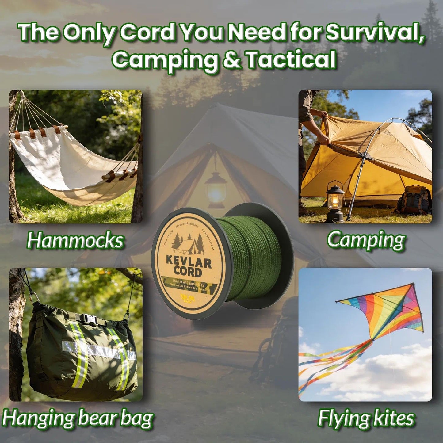 9KM DWLIFE Camo Green Kevlar Cord, High Strength, Ultralight, Abrasion Resistance for Trip Wire, Saw, Model Rocket, Hammock Tarp Ridgeline, Camping