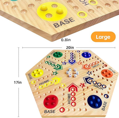Wooden Board Game Original Marble Game Double Sided Painted 2 to 6 Player Fast Track Board Game Wooden with 6 Colors 24 Marbles 6 Dice for Adults Kids Family(20 INCH)