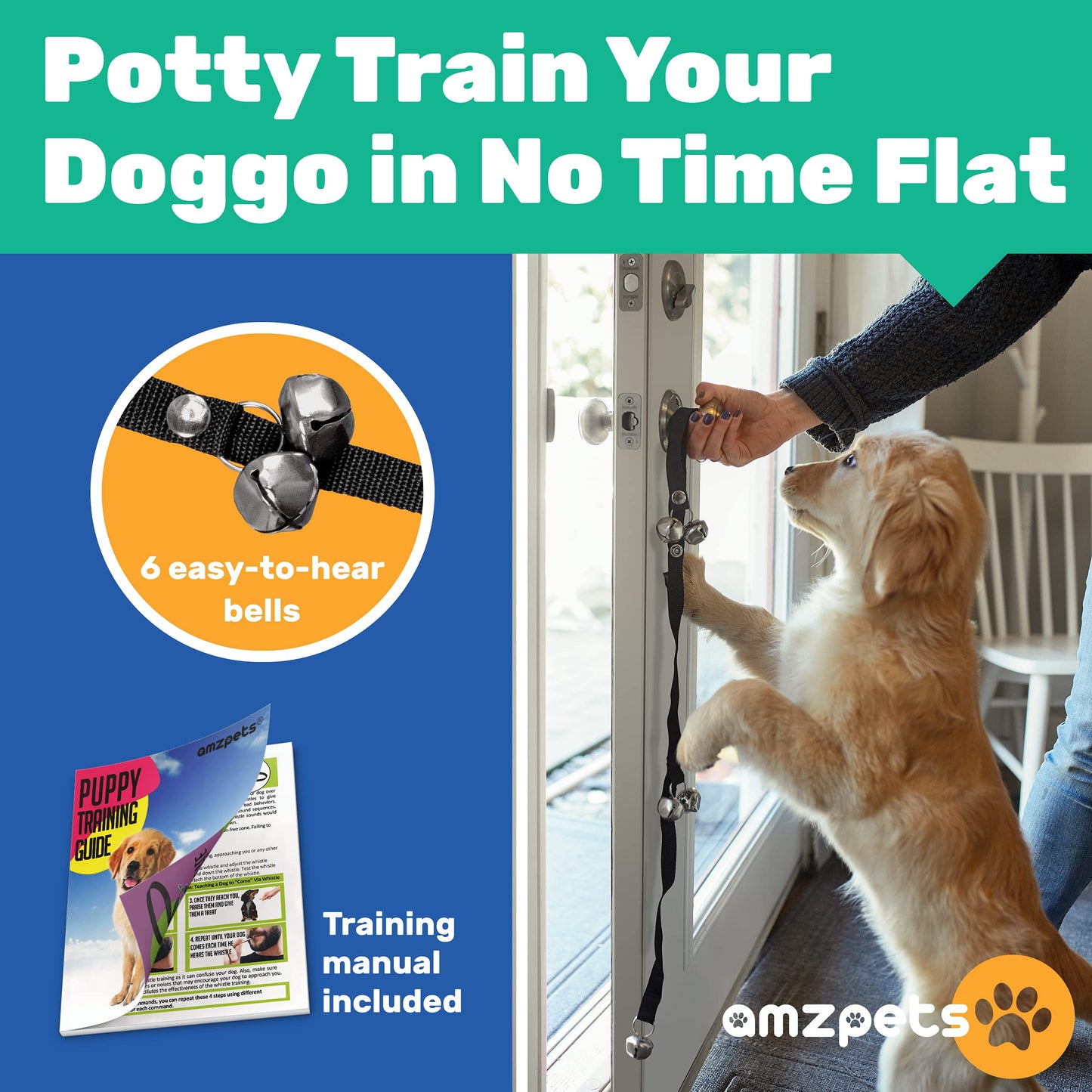 AMZpets Dog Training Set, Puppy Supplies Starter Kit with Dogs Clicker, Treat Pouch Bag, Housetraining Door Bells, Ultrasonic Whistle, for Teaching Pet Commands, Bark Control, and Potty Training