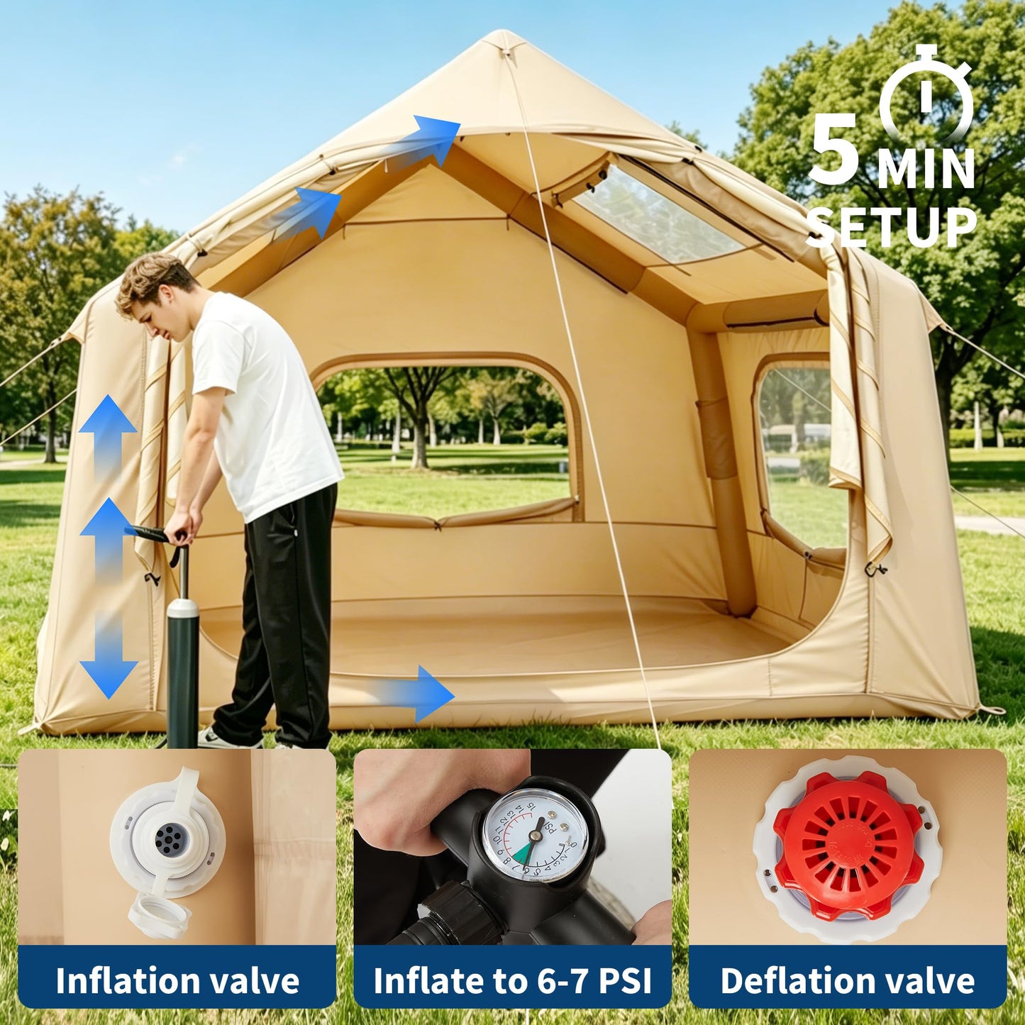 Inflatable Camping Tent for 3-5 Person, Quick Setup Blow Up Tent with Hand Pump, 210D Oxford Air Glamping Tents with Skylight & Stove Jack, 4 Season for Outdoor Camping, Beach, Hiking