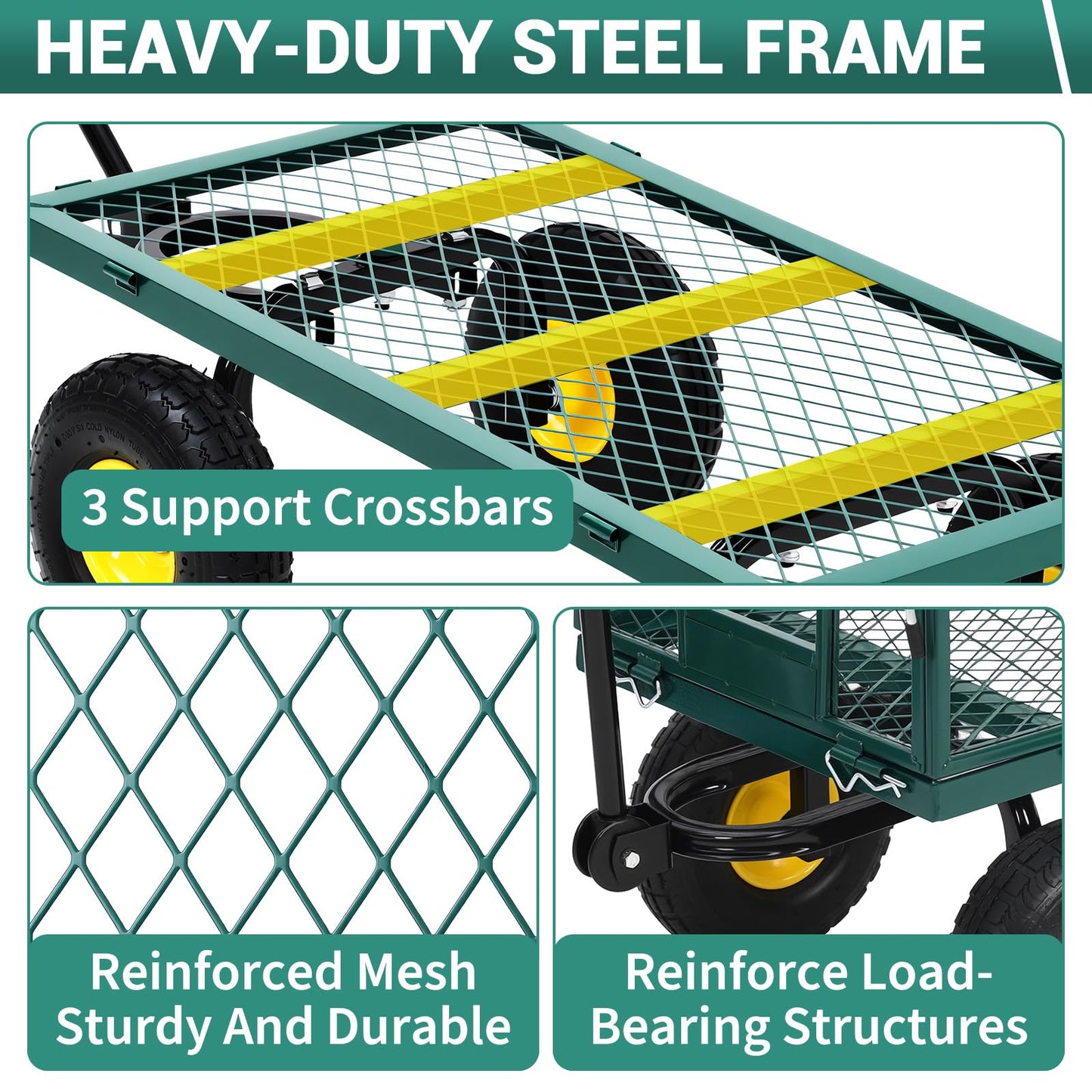 Heavy Duty 500 LBS Steel Garden Cart with 10" Tires, Garden Wagon Cart with 180° Rotating Handle and Removable Sides, Metal Wagon for Yard, Farm, Lawn