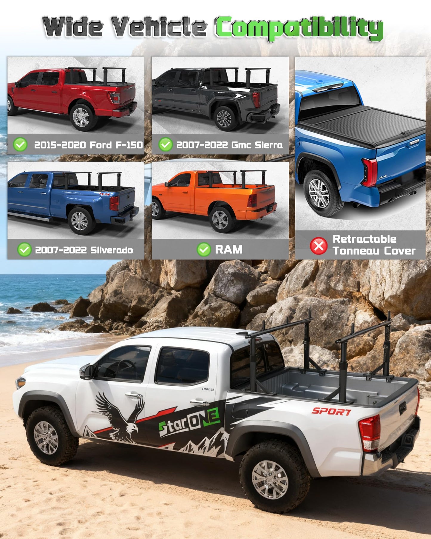 StarONE Heavy Duty Truck Ladder Rack, Adjustable Height Aluminum Truck Bed Rack Fit for Tacoma/Gladiator with Bed Rails, 800 LBS Capacity for Carrying Lumber/Ladders/Kayak