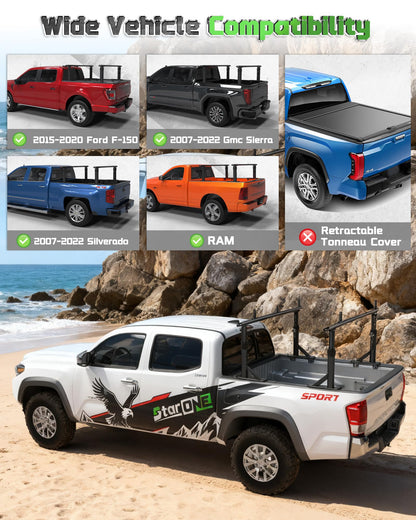 StarONE Heavy Duty Truck Ladder Rack, Adjustable Height Aluminum Truck Bed Rack Fit for Tacoma/Gladiator with Bed Rails, 800 LBS Capacity for Carrying Lumber/Ladders/Kayak