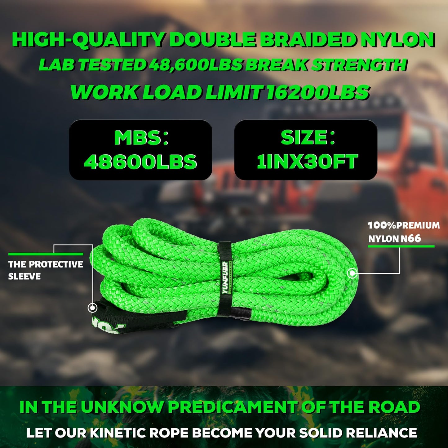 YUNFUER Heavy-Duty Kinetic Recovery Rope Kit – 48,600lbs, 1in x 30ft – Includes 2 Ultra-Strong UHMWPE Soft Shackles – 35%+ Elasticity for Off-Road Recovery, Towing & Emergency Use (Reflective)