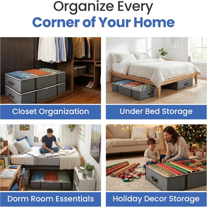Underbed Storage Bags 4-Pack | Foldable Organizer for Clothes, Blankets & More - Ideal for Dorms (Grey)