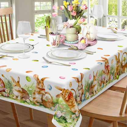 Roszwtit Spring Easter Tablecloth, Easter Eggs Bunny Floral Table Cloth Waterproof, Spring Rabbit Flowers Kitchen Table Decor for Dining Holiday Party 60x84 Inch Rectangle