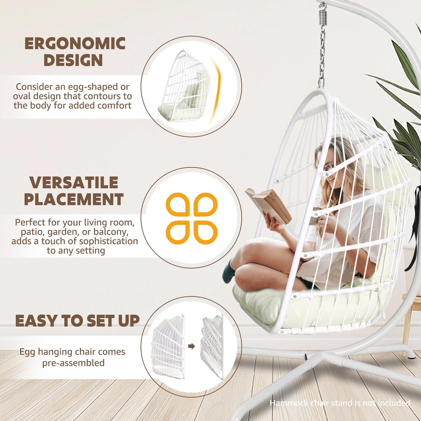 Chihee Egg Chair Foldable Wicker Rattan Hanging Swing Chairs Indoor Outdoor Patio Wicker Chair Hammock Chair with Stainless Steel Hanging Kit Chain Link UV Resistant Cushion Bedroom Balcony