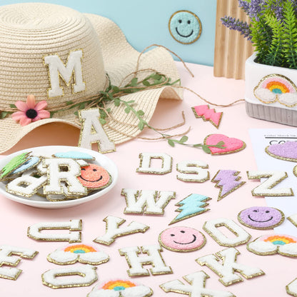 Geosar 54 Pcs 2.17 Inch Self Adhesive Chenille Letters Patches Pink Iron on Patches Preppy Embroidered Stickers for Clothing Backpack Bag Back to School Gifts(2.17 Inch,White Letter)