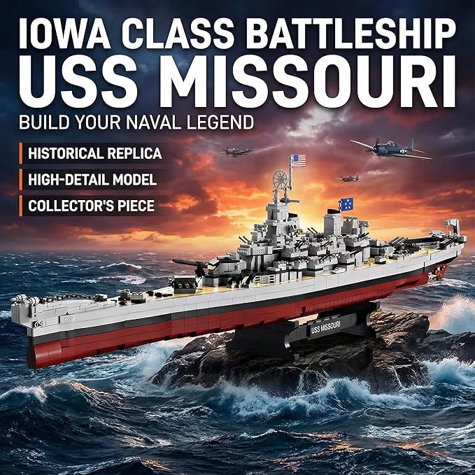 USS Missouri Battleship Building Blocks Set - Iowa-Class Warship Model 2228 Pieces 14+ Adult/Teen Building Toy 83cm Large Scale Replica with Display Stand for Collection &amp Decoration