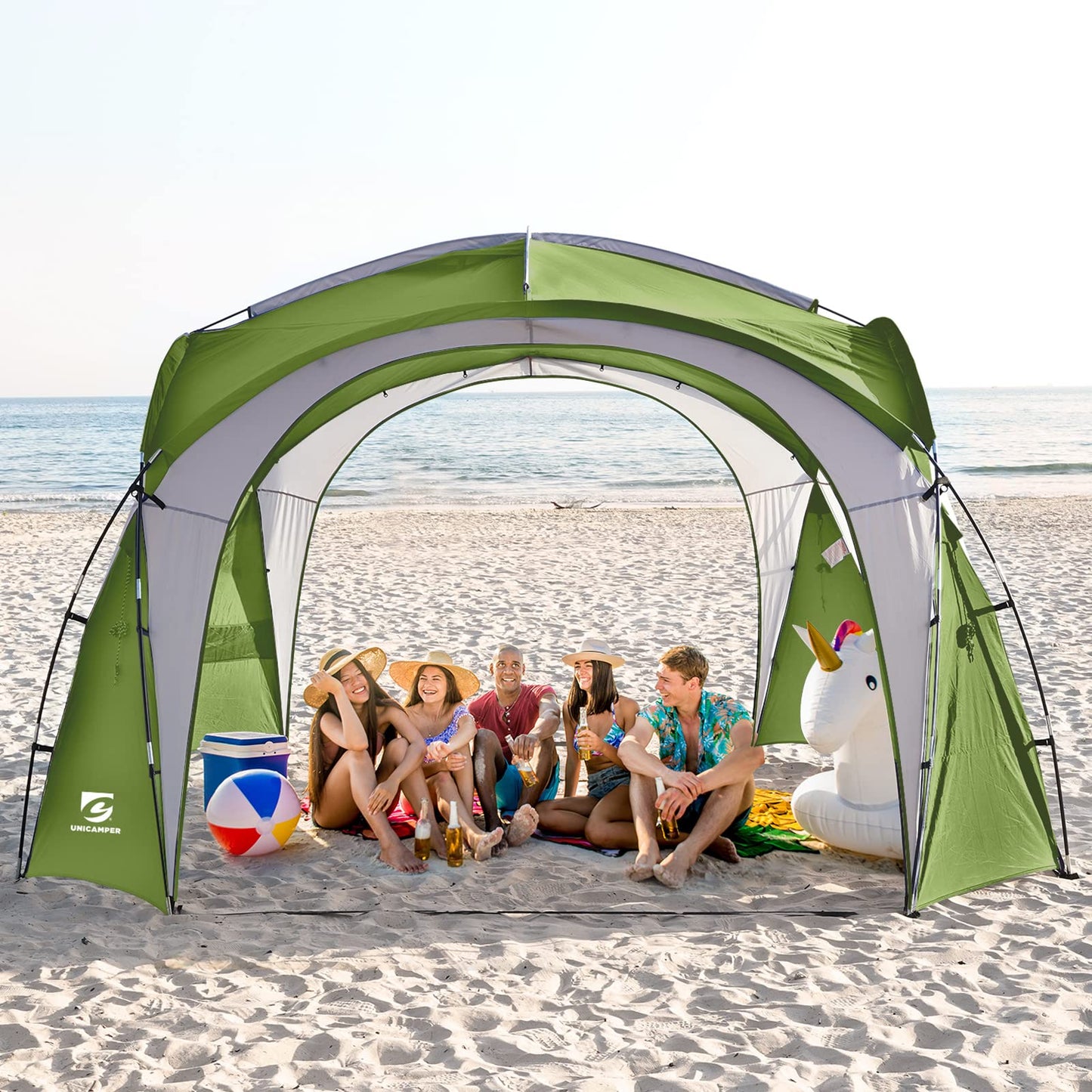 UNICAMPER Beach Tent 12 X 12ft Large UPF50+ Pop Up Canopy with 2-Pcs Side Wall, Sun Shelter Rainproof, Waterproof for Camping Trips, Backyard Fun, Fishing, Parties, Or Picnics(Green)