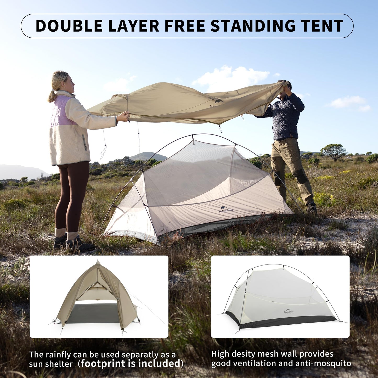 Naturehike Cloud up Pro 2 Person Tent, Double Layer Waterproof Two Person Tent,Ultralight 2 Person Backpacking Tent with Footprint