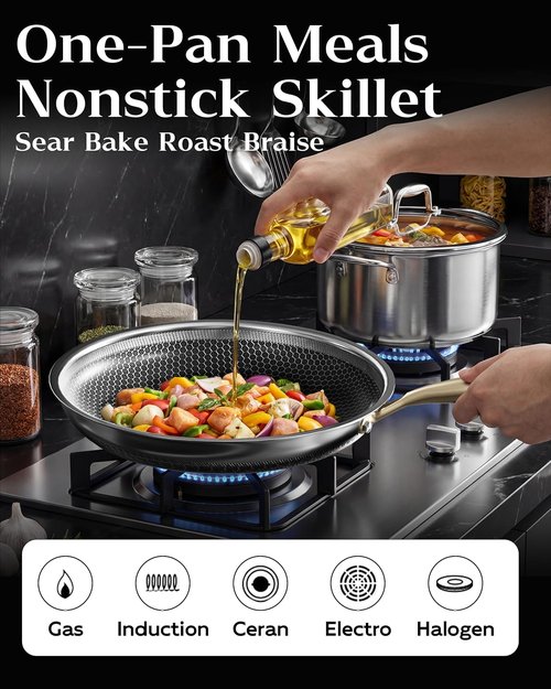 Honeycomb Stainless Steel Frying Pan - 8 Inch Nonstick Skillet with Lid | Induction Compatible, PFOA-Free, Dishwasher Safe