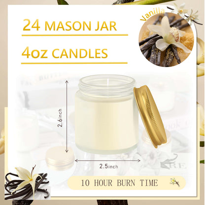 Cmoott 24 Pcs 4 Oz Mason Jar Candles, Vanilla Scented Soy Candles Bulk Set for Stress Relief and Relaxation, Great Favors for Wedding, Christmas, Housewarming Gifts (Gold,Frosted Glass, Vanilla, 24)