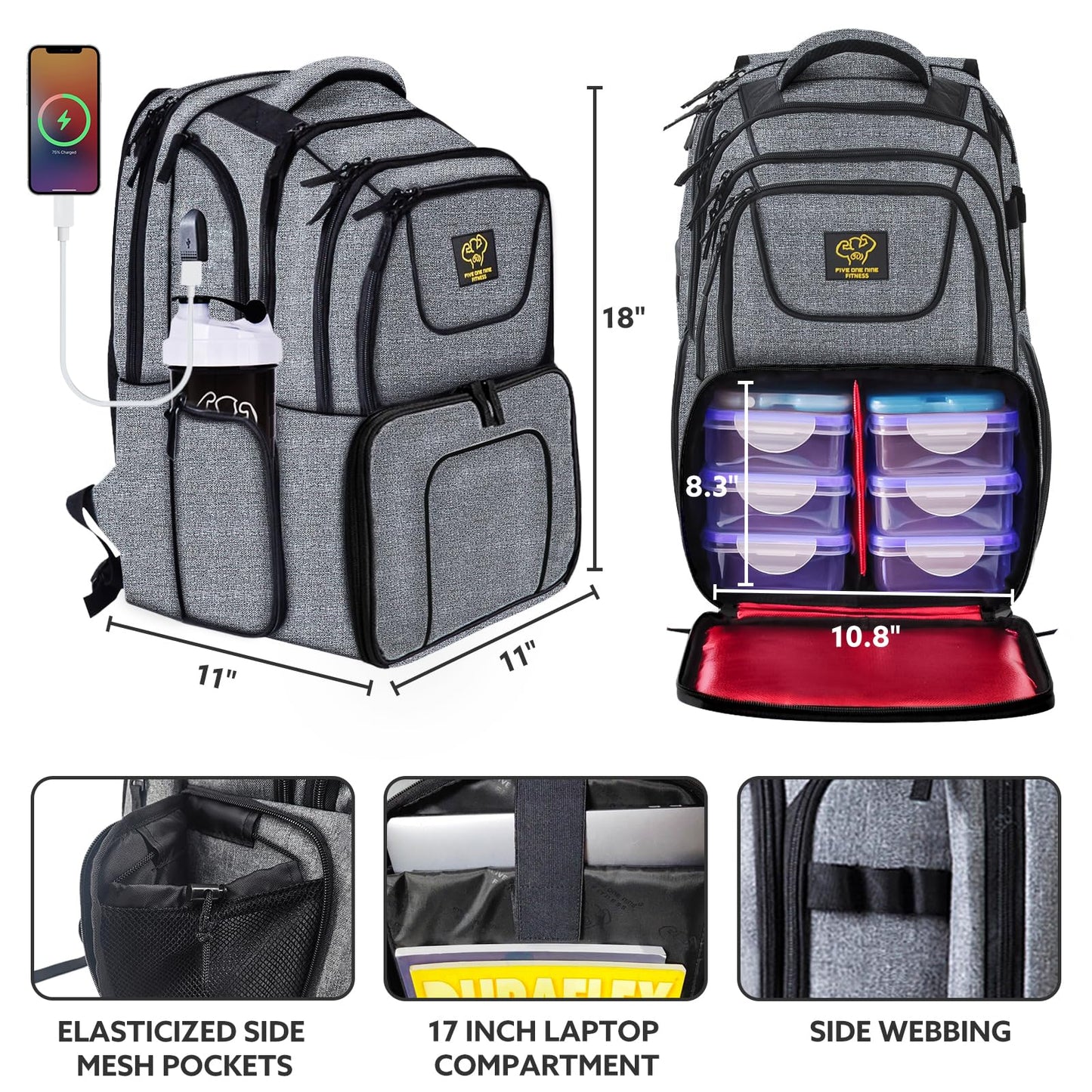 519 Fitness [Professional Series] 6-Meal Prep Backpack - Sleek Urban Design for Professionals & Athletes - Fits 17-Inch Laptop - Includes 6 BPA-Free Containers & 2 Ice Packs (Cool Grey)
