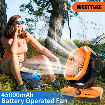 WESTTREE Battery Operated Large Airflow Fan,45000mAh Rechargeable Camping Cordless Fan with 360°Auto Oscillation & Timer, Queit Battery Powered Tent Fans Portable with RGBW Lights for Home X66 Orange