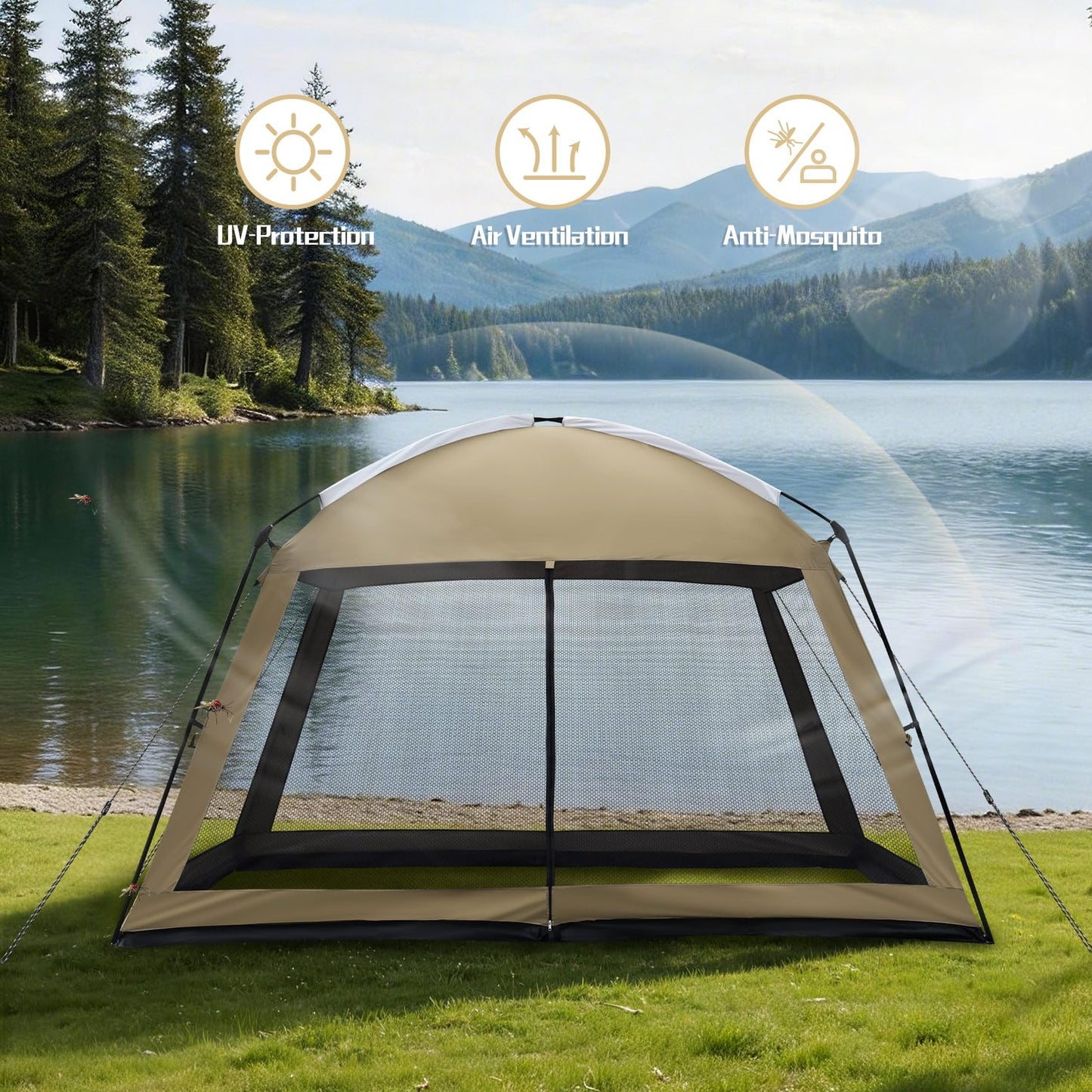 Superrella 12 x 12 FT Camping Screen Tent for 8-10 Person, Easy Setup Screen House with UV 50+ Sun Protection & Mosquito Net for Camping, Backyard, Picnic, Patio, Outdoor, Kakhi