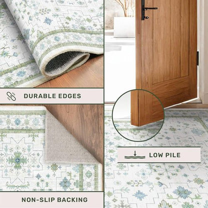 Hazo Haus Oushak 3x10 Wide Hallway Runner Rug - Vintage Turkish Floral Design | Washable Low Pile, Non-Slip - Light Blue & Green