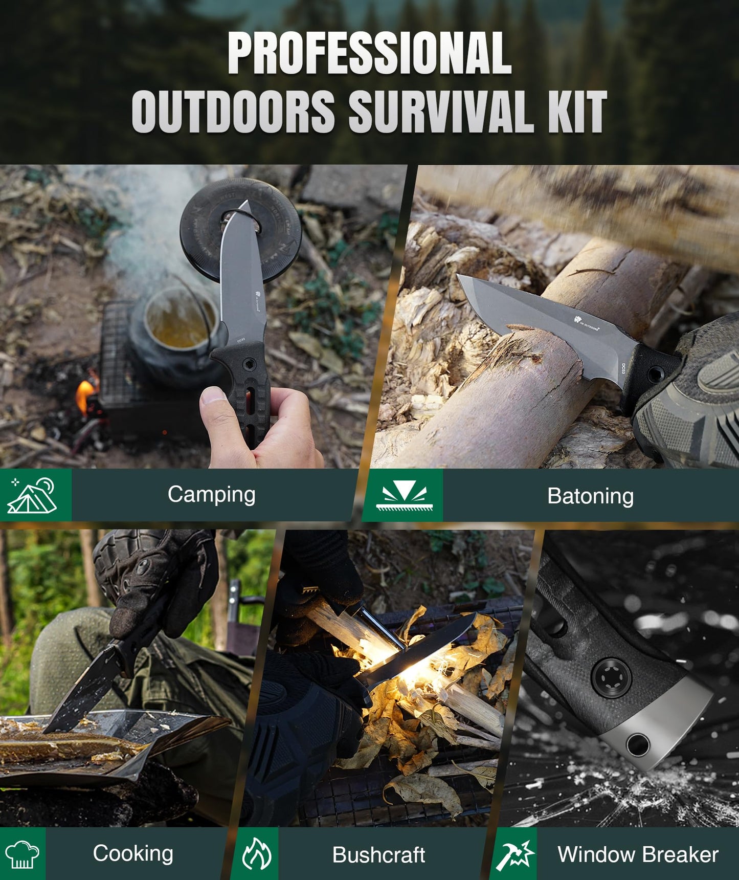 HX OUTDOORS 2-Pcs Survival Kit: 14" DC53 Steel Kukri Machete & Fixed Blade Camping Knife with Kydex Sheaths, Heavy Duty Bushcraft Tool Set for Clearing Brush, Yard Work & Camping