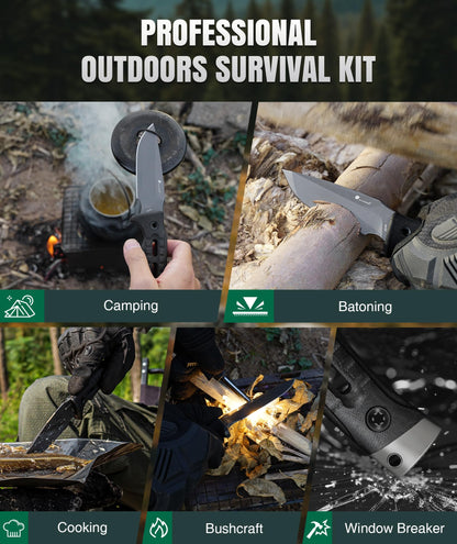 HX OUTDOORS 2-Pcs Survival Kit: 14" DC53 Steel Kukri Machete & Fixed Blade Camping Knife with Kydex Sheaths, Heavy Duty Bushcraft Tool Set for Clearing Brush, Yard Work & Camping