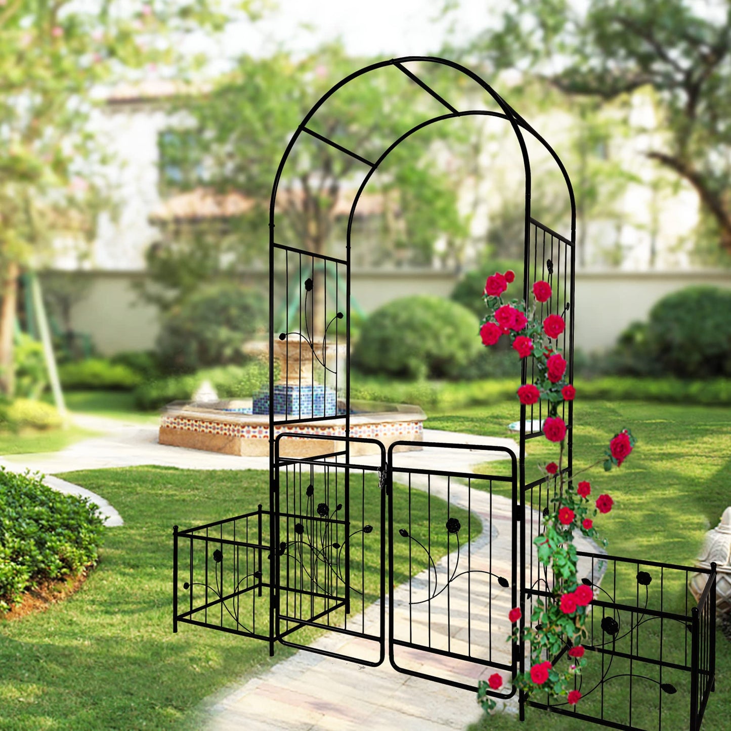 Jintop Metal Outdoor Garden Arch Iron Arbors Gazebo with 2 Plant Stands,High Birdcage Shape Pergola Pavilion,W/Ouble Gate Design,for Ivy Vines,Rose,Morning Glory,Black,79.5"x86.6"