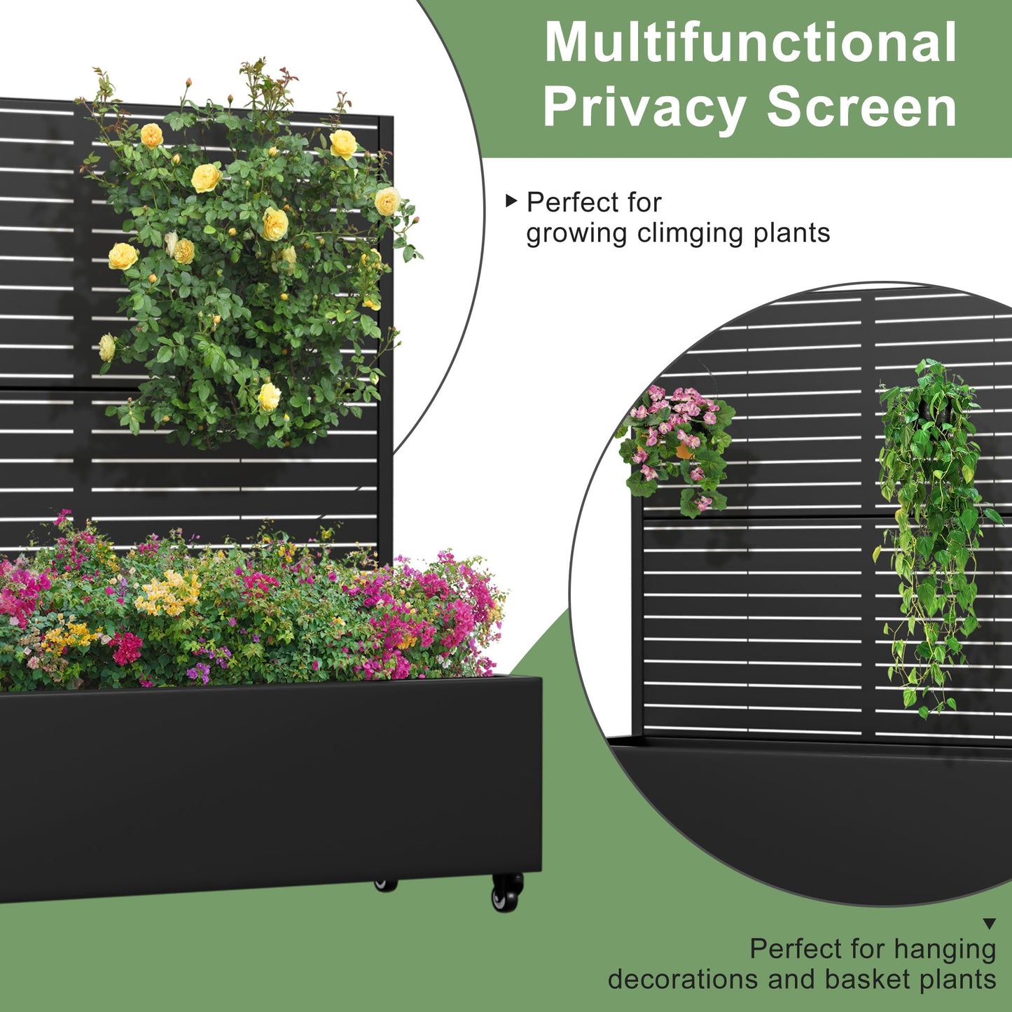 Casaphoria Metal Raised Garden Bed with Trellis and Wheels, 47"x47"x16" Planter Box for Climbing Plants, Vegetables & Vines, Features Drainage Holes and Privacy Screen (Black-Louvered)