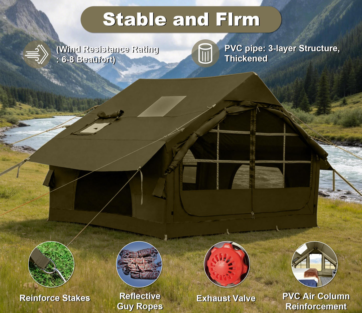 Inflatable Tents for Camping with Stove Jack,4-6 Person Easy Setup Blow Up Tents for 4 Seasons Waterproof Inflatable Camping Tent with Clear Skylight, Air House Glamping Tents for Adult