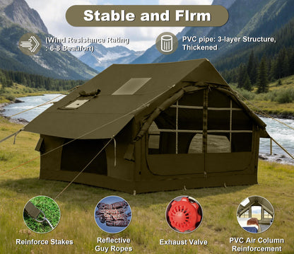 Inflatable Tents for Camping with Stove Jack,4-6 Person Easy Setup Blow Up Tents for 4 Seasons Waterproof Inflatable Camping Tent with Clear Skylight, Air House Glamping Tents for Adult