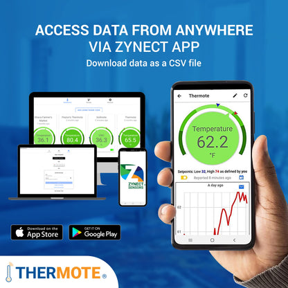 Zynect Thermote Wireless Remote Temperature Sensor. WiFi Thermometer Temperature Monitor. 24/7 Text/email alerts. Monitoring and History. Water/Dust Proof. No Subscription/Monthly Fees. Made in USA.
