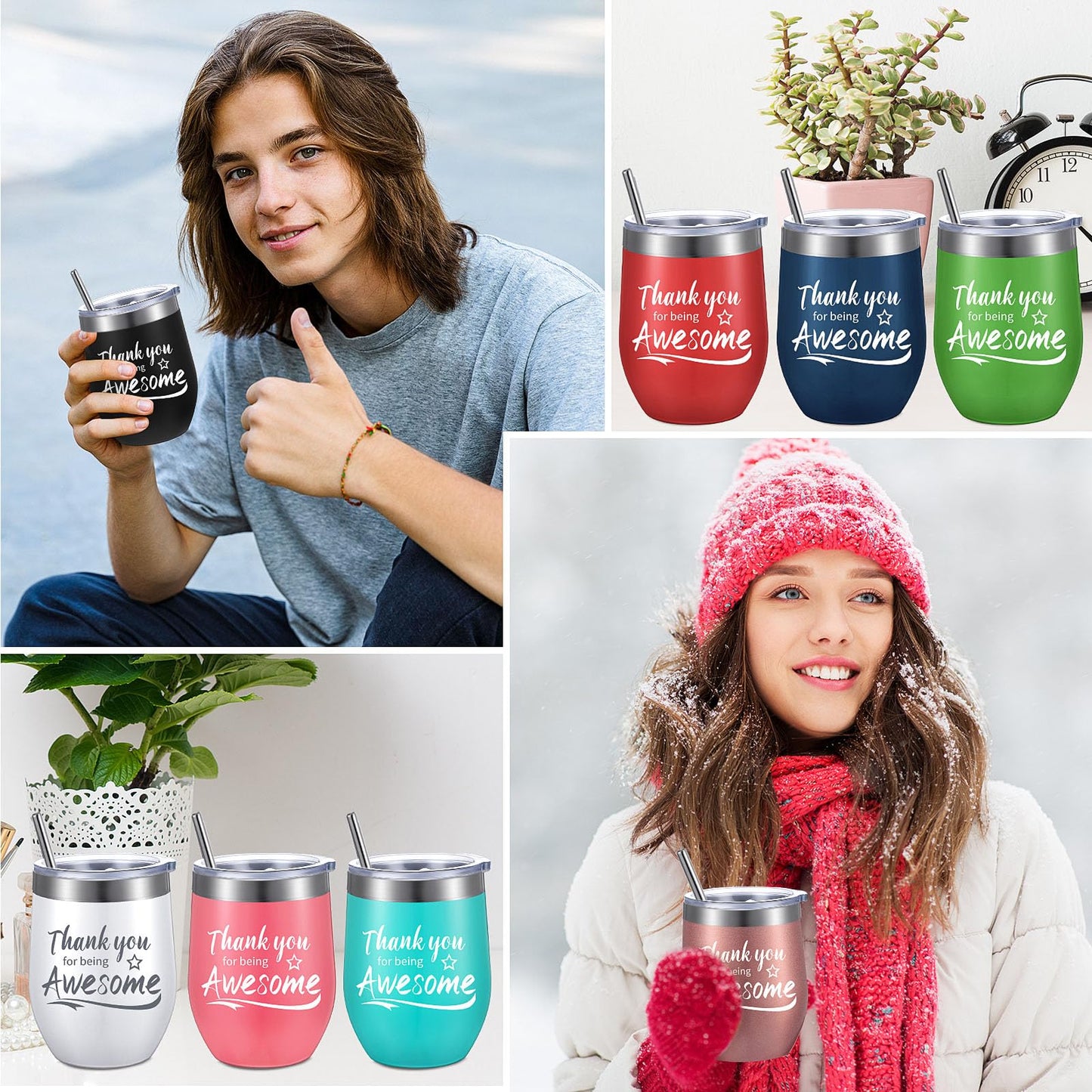 Sieral Thank You Gifts Thank You for Being Awesome Wine Tumbler Employee Appreciation Gifts for Women Men Coworkers Friend Stainless Steel Insulated Tumbler with Straw(Vivid Color,48 Pcs)