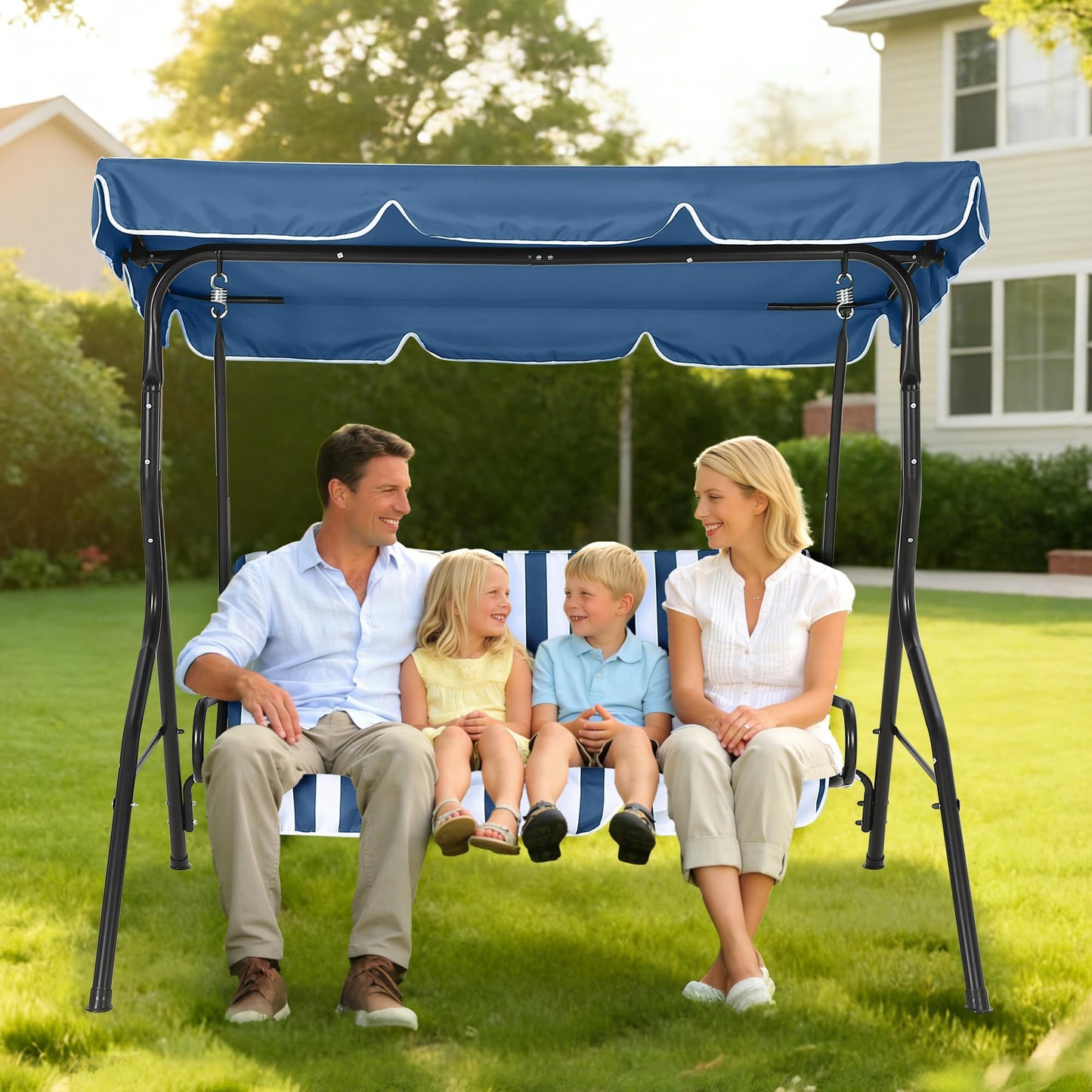 Outdoor Patio Swing Chair with Adjustable Canopy 3-Seat Heavy-Duty Steel Frame Porch Swing with Stand Thick Waterproof Cushions for Garden Backyard Lawn Front Porch