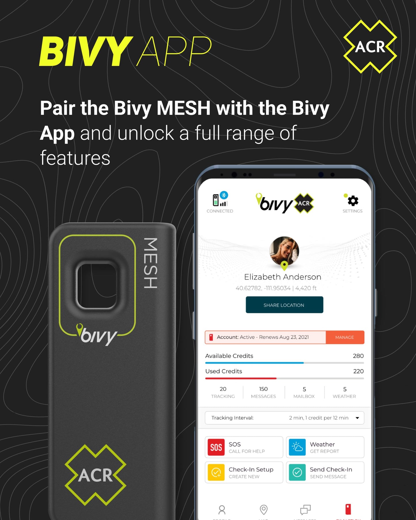 ACR Bivy Stick MESH Satellite Communicator - Dual-Mode LoRa®-Enabled Mesh & Global Iridium Coverage, Two-Way SMS, GPS Tracker, Group Messaging, SOS Emergency with 24hr Reserve Battery - iOS/Android