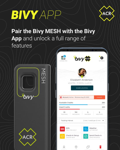 ACR Bivy Stick MESH Satellite Communicator - Dual-Mode LoRa®-Enabled Mesh & Global Iridium Coverage, Two-Way SMS, GPS Tracker, Group Messaging, SOS Emergency with 24hr Reserve Battery - iOS/Android