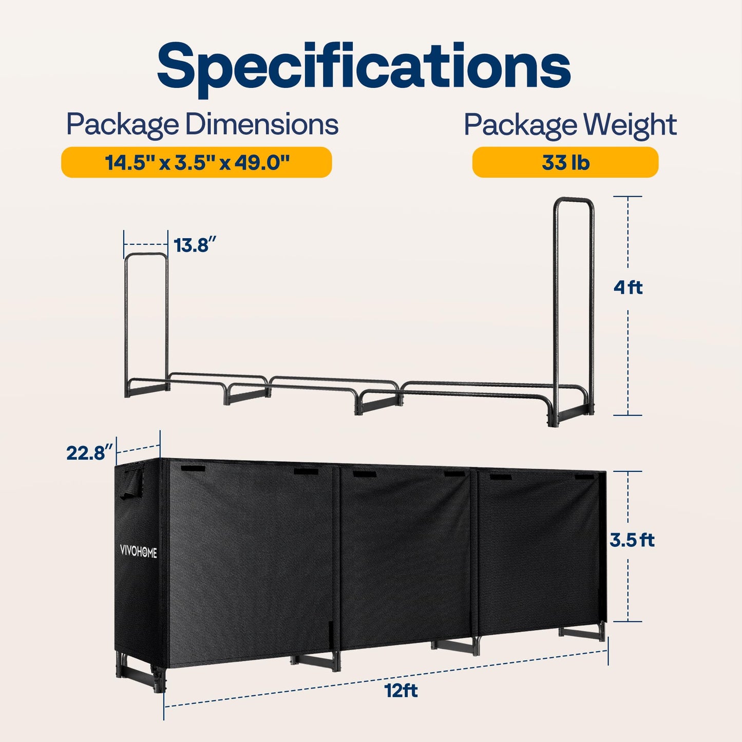 VIVOHOME 12 ft Heavy Duty Firewood Rack Outdoor with Cover, Fire Wood Storage Rack, Log Holder and Cover Combo Set with Zipper, Black