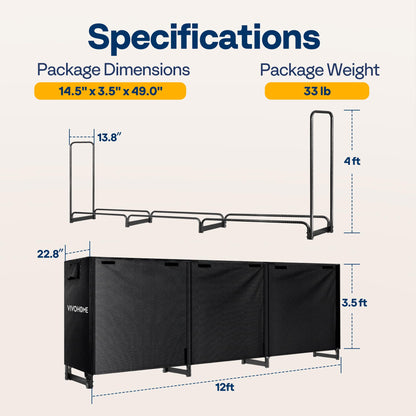 VIVOHOME 12 ft Heavy Duty Firewood Rack Outdoor with Cover, Fire Wood Storage Rack, Log Holder and Cover Combo Set with Zipper, Black