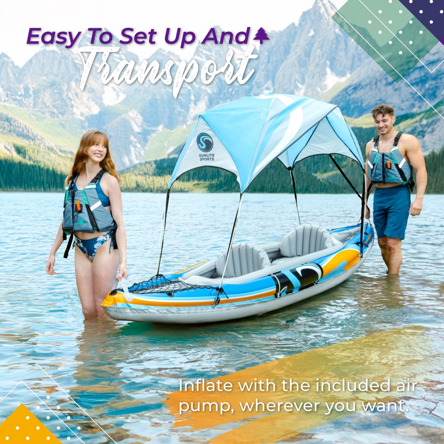 Sunlite Sports Inflatable Kayak 2 Person with Canopy, Portable Inflatable Boat with Shed & Aluminum Oars, Lightweight Tandem Kayak with Air Pump & Carry Bag for Lakes & Rivers, 400 LB