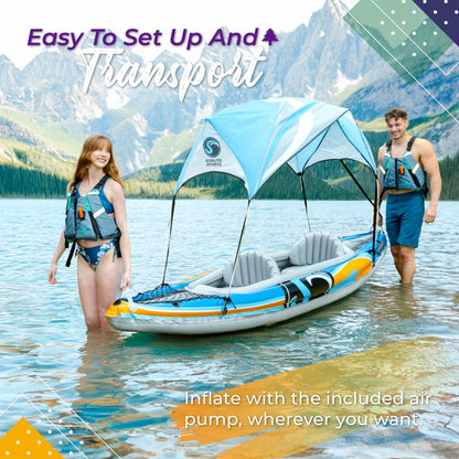 Sunlite Sports Inflatable Kayak 2 Person with Canopy, Portable Inflatable Boat with Shed & Aluminum Oars, Lightweight Tandem Kayak with Air Pump & Carry Bag for Lakes & Rivers, 400 LB