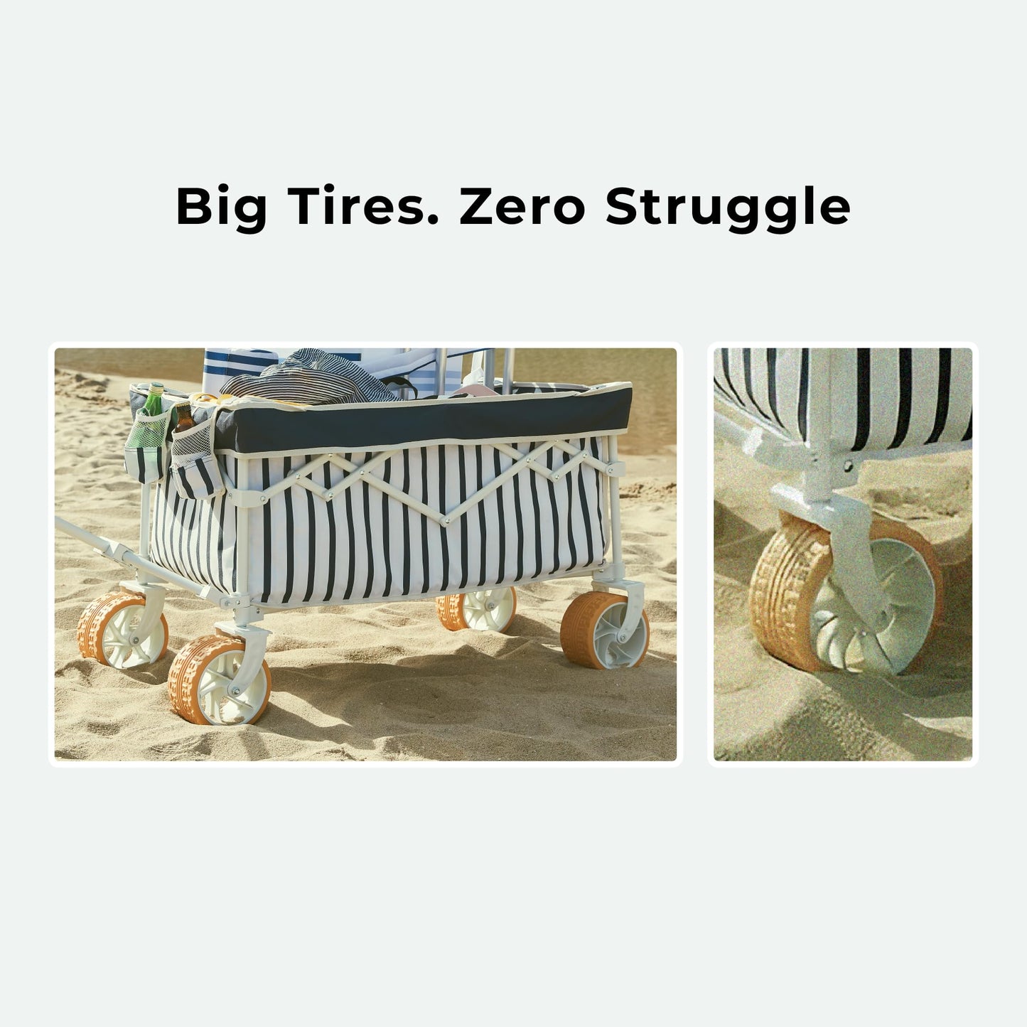 DEER LAND Beach Wagon for Sand with 6.7" Fat Tires, Foldable Beach Cart for Beach & Camping, Large Capacity Easy-Pull Wagon, Heritage Navy Stripe