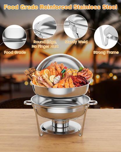 5QT Chafing Dish Buffet Set of 6 Pack, Food Warmers and Servers Round Stainless Steel Chafer with Food & Water Pan, Lid, Frame, Fuel Holder for Catering,Parties and Festivals