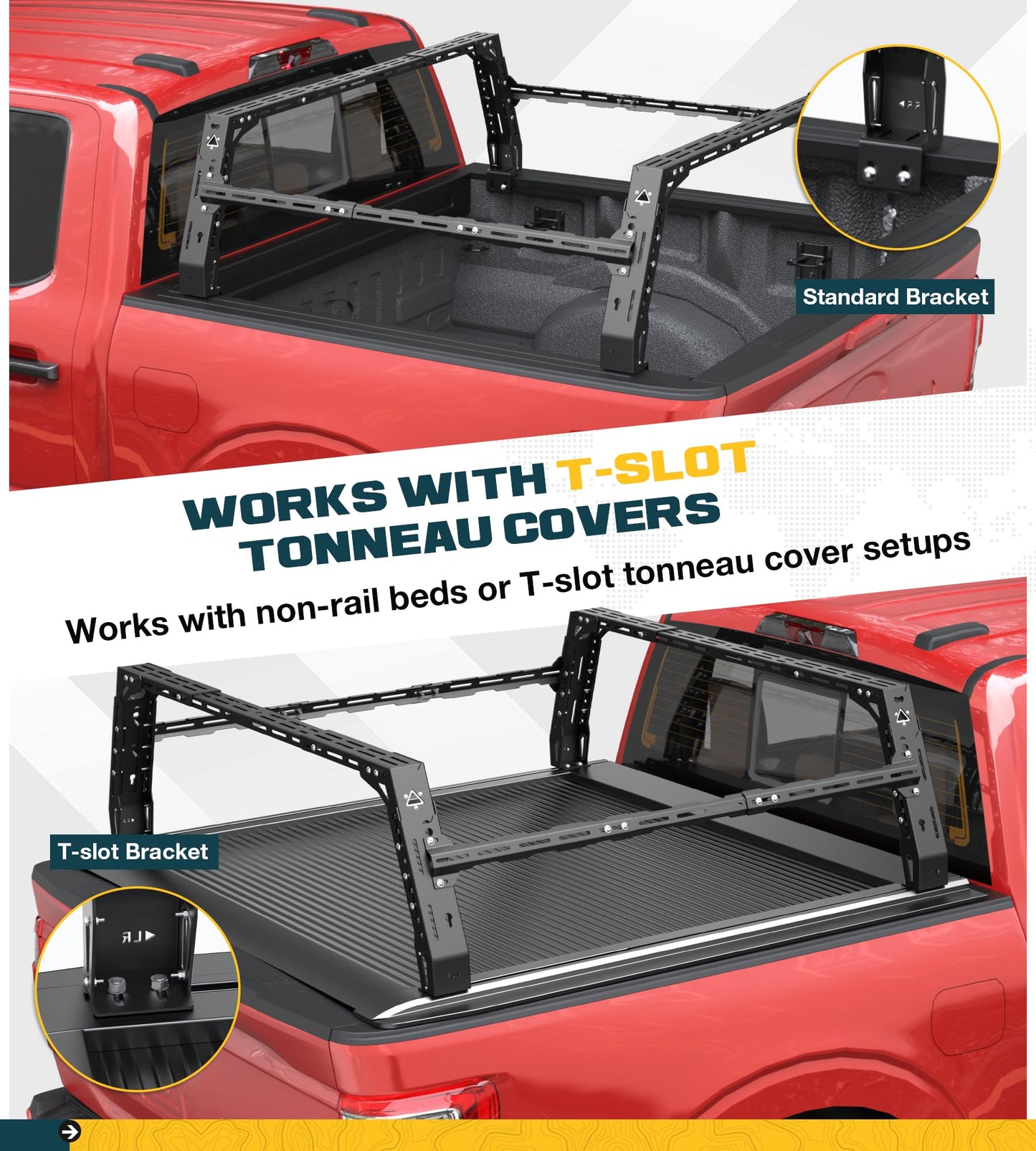 Trumgeta Overland Bed Rack Fit for Full-Size Pickups, Adjustable Truck Ladder Rack for T-Slot Tonneau Covers, 18.8"-25" Height Bed Rack with Side Cross Bars, Fit for F150/Ram 1500/Silverado/Sierra