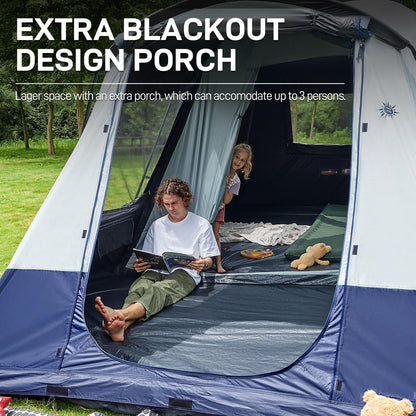 EVER ADVANCED 8 Person Blackout Design Cabin Tent, Camping Family Tent with Multi Room & Extra Porch and Rainfly, 2 Rooms Huge Portable with Carry Bag, Blue