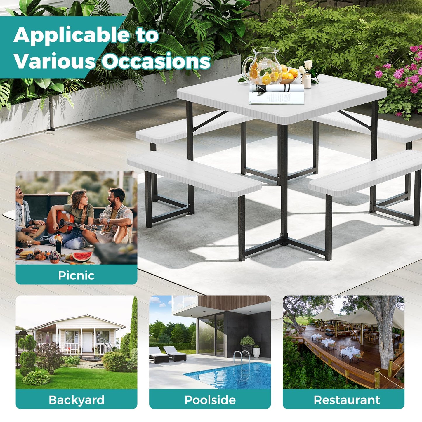Giantex Picnic Table Bench Set for 4-8 People, 34" Outdoor Square Dining Table & 2 Benches w/Umbrella Hole, HDPE Tabletop, Metal Frame, Patio Camping Furniture for Backyard Porch Lawn (White,Square)