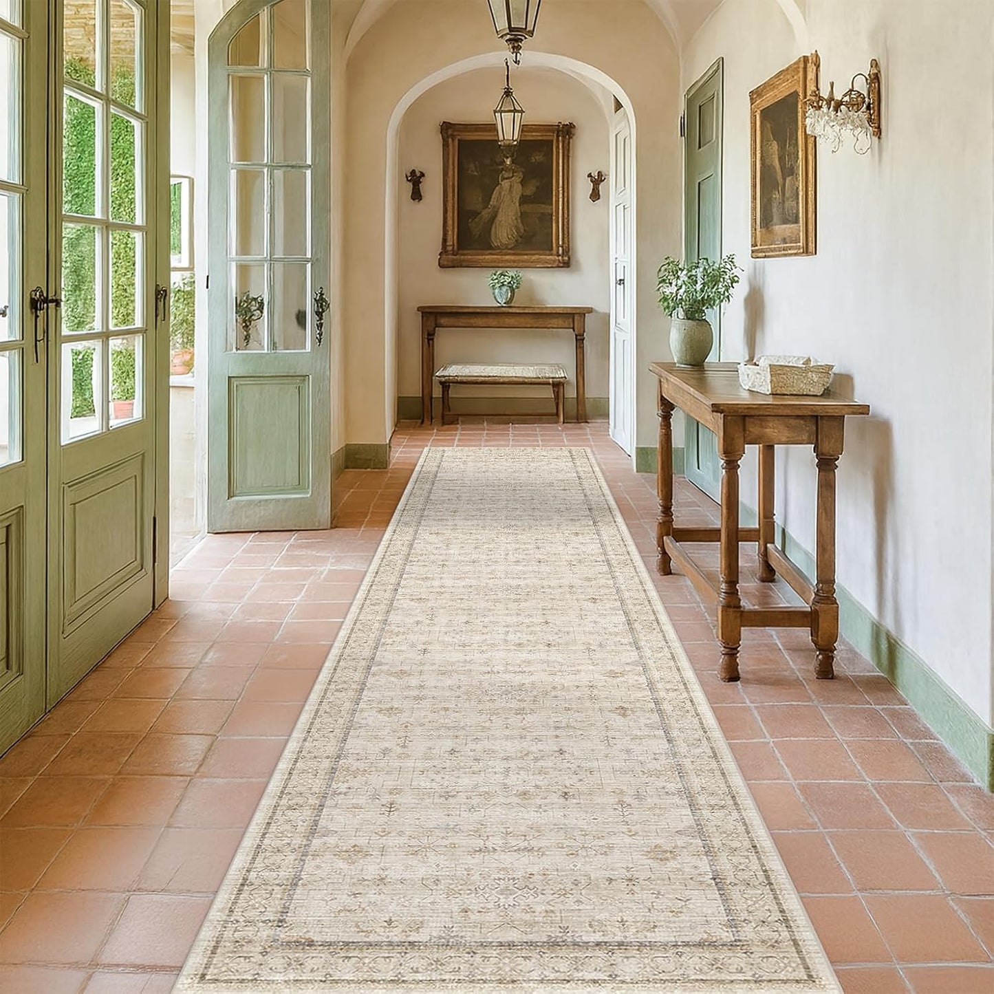 Beige Floral Runner Rug - 3x12 Washable Non-Slip Low-Pile | Vintage Distressed Oriental Carpet
