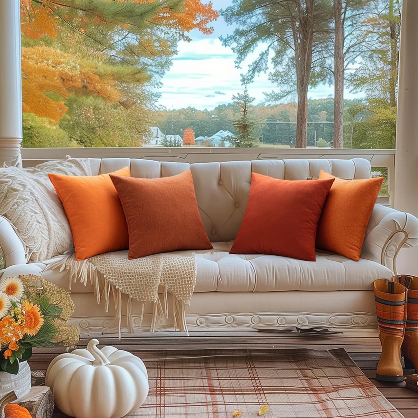 MIULEE Decorative Outdoor Throw Pillow Covers - Waterproof Faux Linen Cushion Cases | 20x20 Inch Bright Orange (Pack of 2)