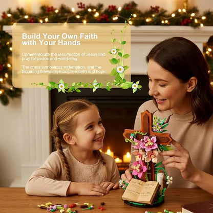 Jesus Cross Flower Building Set for Adults Decorative Cross Building Blocks Great Easter Christmas Christian Birthday Gifts for Mothers Women Adults (363 PCS)