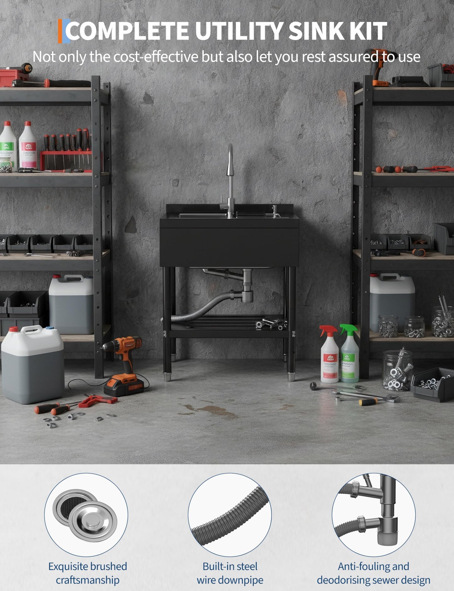 Freestanding Laundry Utility Sink, 31.1" × 22" × 37.8" Utility Sink with Washboard Set with Bracket and Drain Kit for Workshop, Laundry Room, Shop, Man Cave Outdoor and Indoor