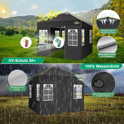 COBIZI 10x10 Pop Up Canopy Tent with 4 Removable Sidewalls, One Push Party Tent Outdoor Waterproof Event Canopy with Air Vent for Parties Commercial Wedding, 3 Height, Carry Bag, Sandbag, Black