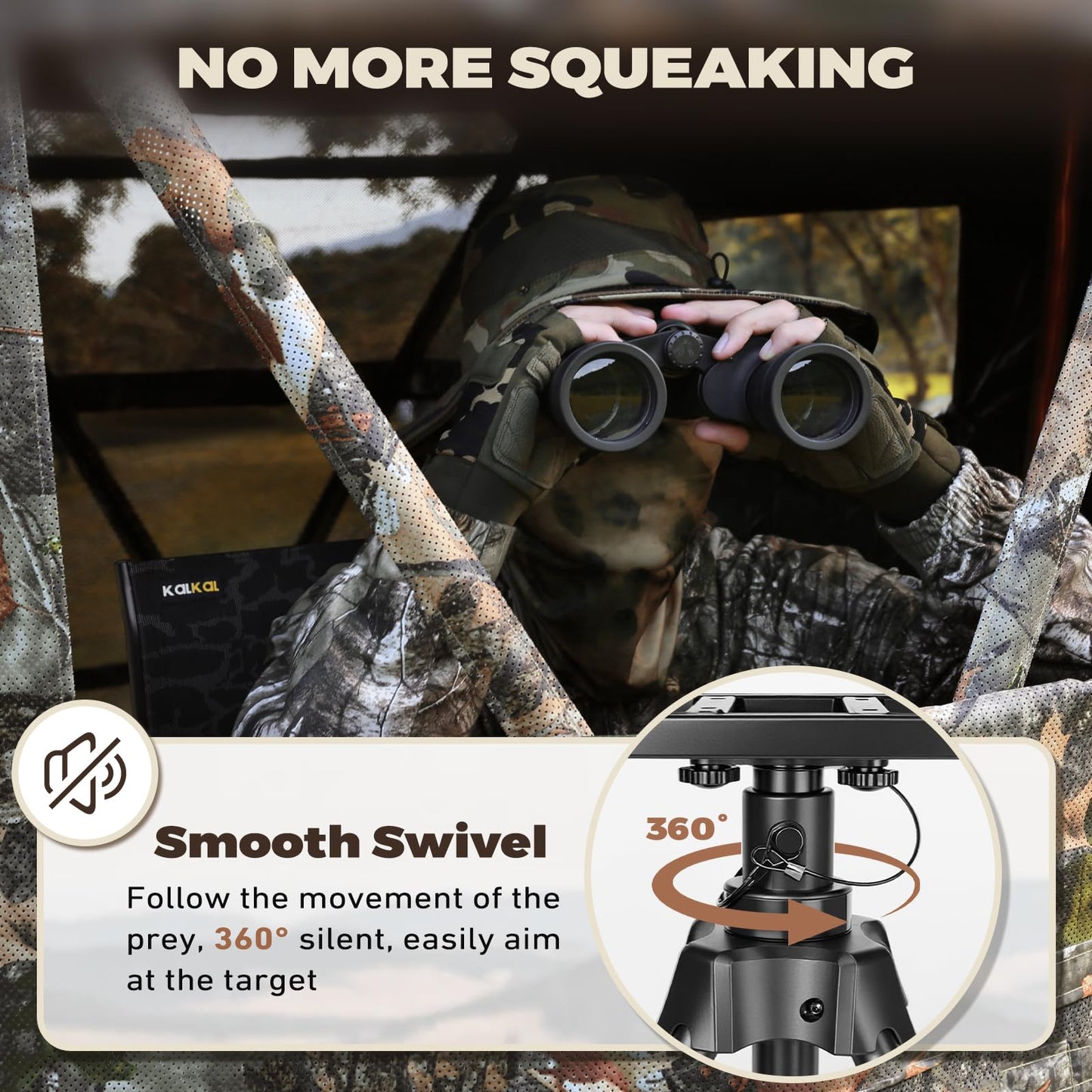 Kalkal Hunting Seat, 300lbs Silent Swivel Folding Chair for Blinds, Portable 360° Swivel with 4 Adjustable Legs