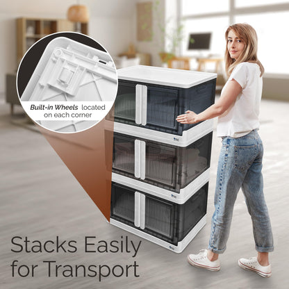 Reli. Storage Bins with Lids and Doors (3 Pack) | 19 Gallon Collapsible Storage Bins with Lids | Collapsible Stackable Plastic Cabinet with Built-in Wheels | Heavy Duty Closet Organizers